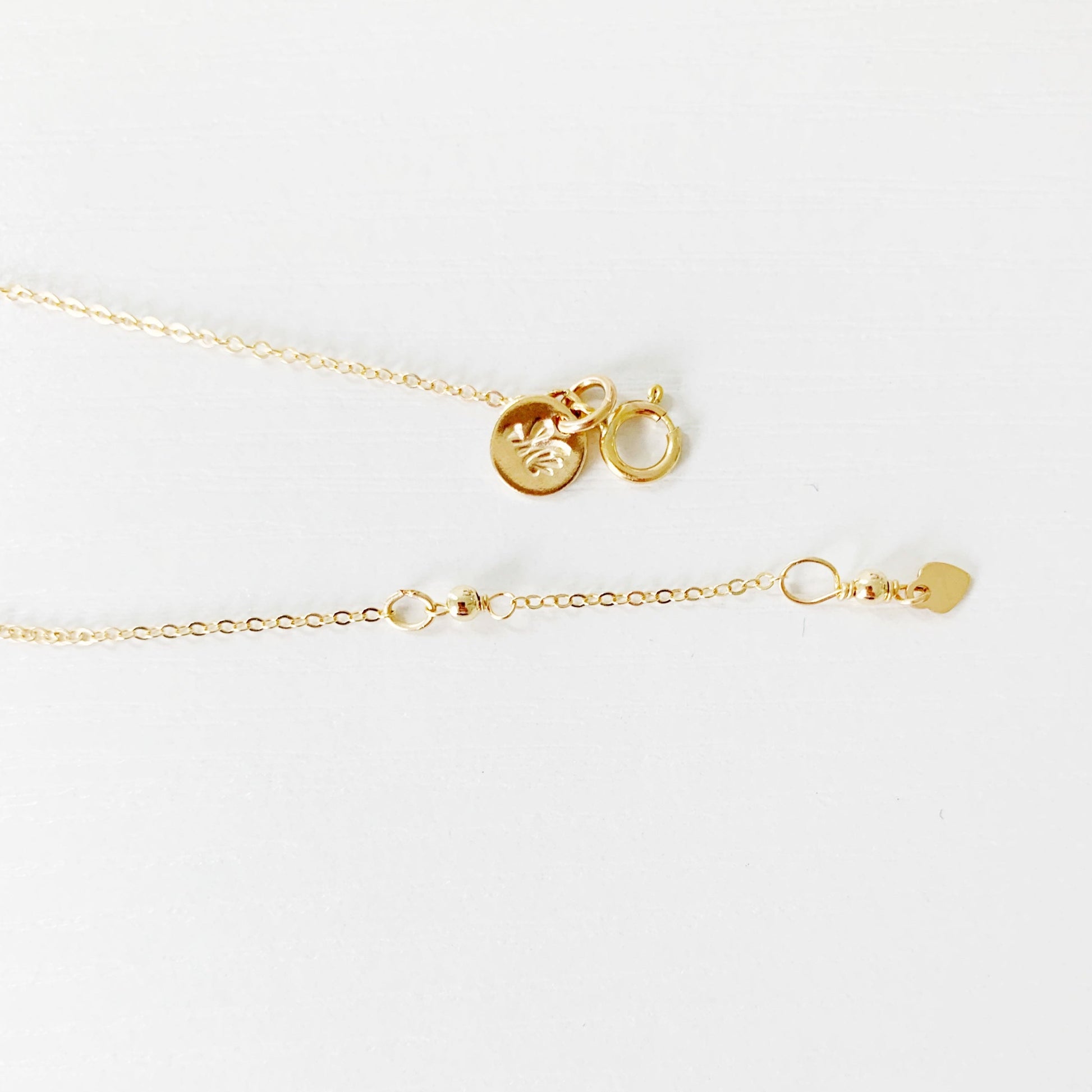 This image shows the clasp area of the necklace. this shows the 14k gold filled chain, logo charm, clasp and option for closing the necklace at 17" and 18" this area is photographed on a white surface