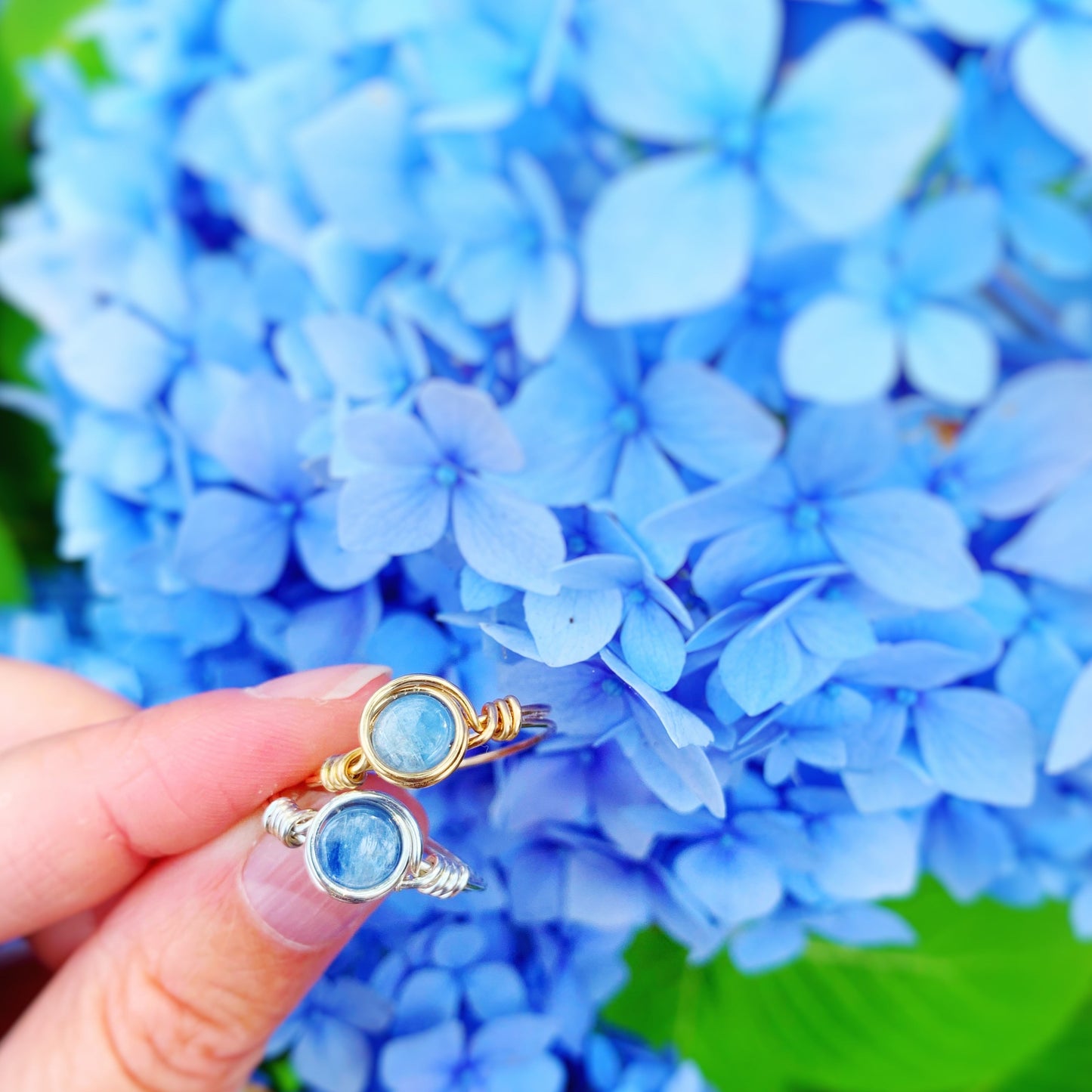 image of the mermaids and madeleines wire wrapped rings in the 2 metals available - sterling silver and 14k gold filled. this picture has the 2 rings held up in fingers with a bright blue hydrangea bloom in the background