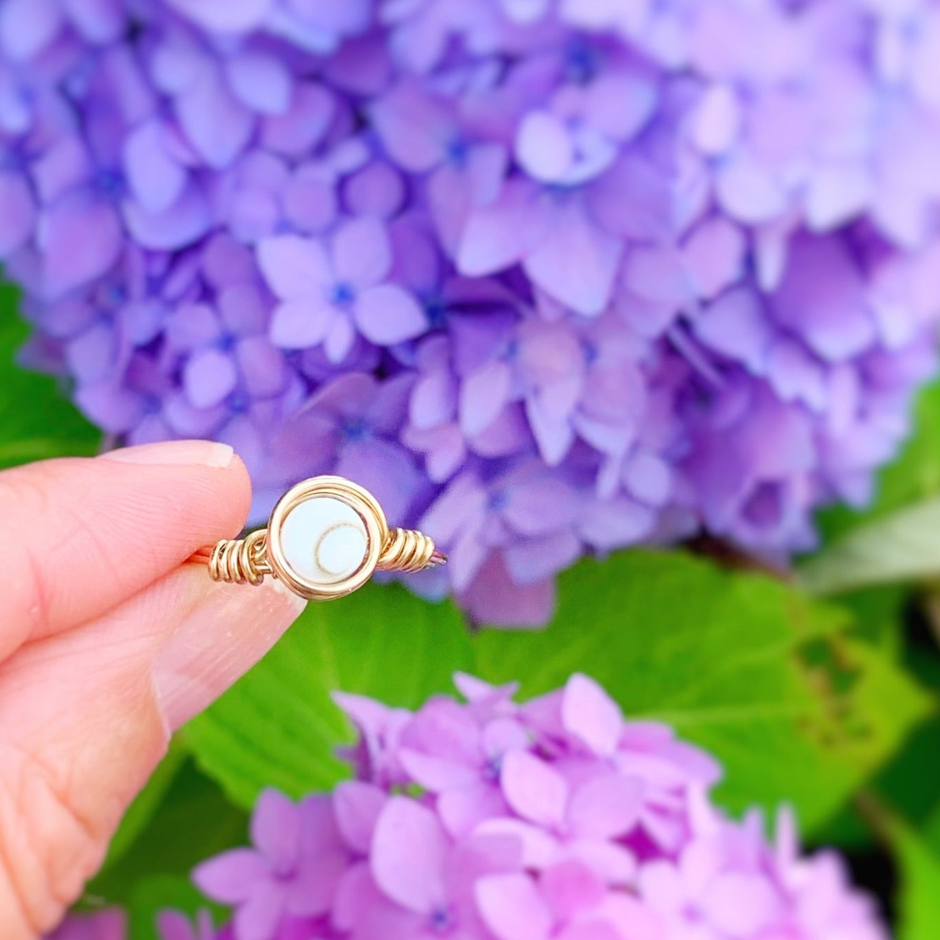 the mermaid money ring by mermaids and madeleines is a wire wrapped ring with a coin shaped shiva shell bead at the center and wrapped with 14k gold filled wire. this ring is held up between fingers with bright purple hydrangea blooms in the background